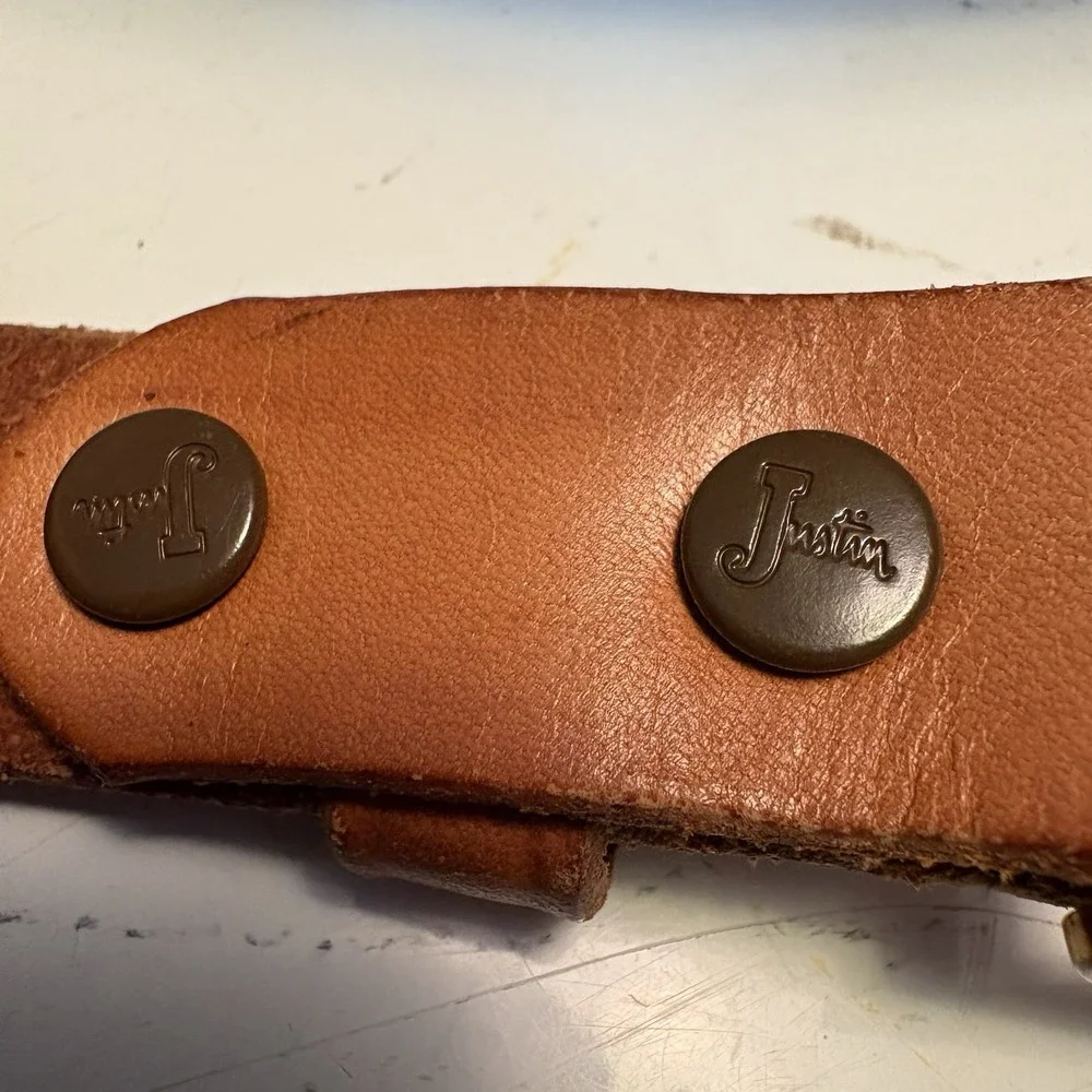 Vintage Justin Western Leather Belt Brass Buckle Sz 38 